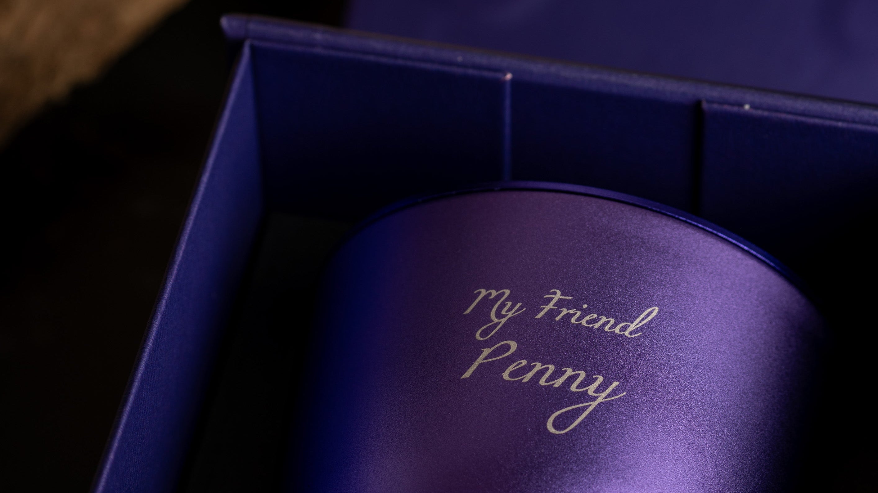 purple aluminium candle with engraving "my friend penny"