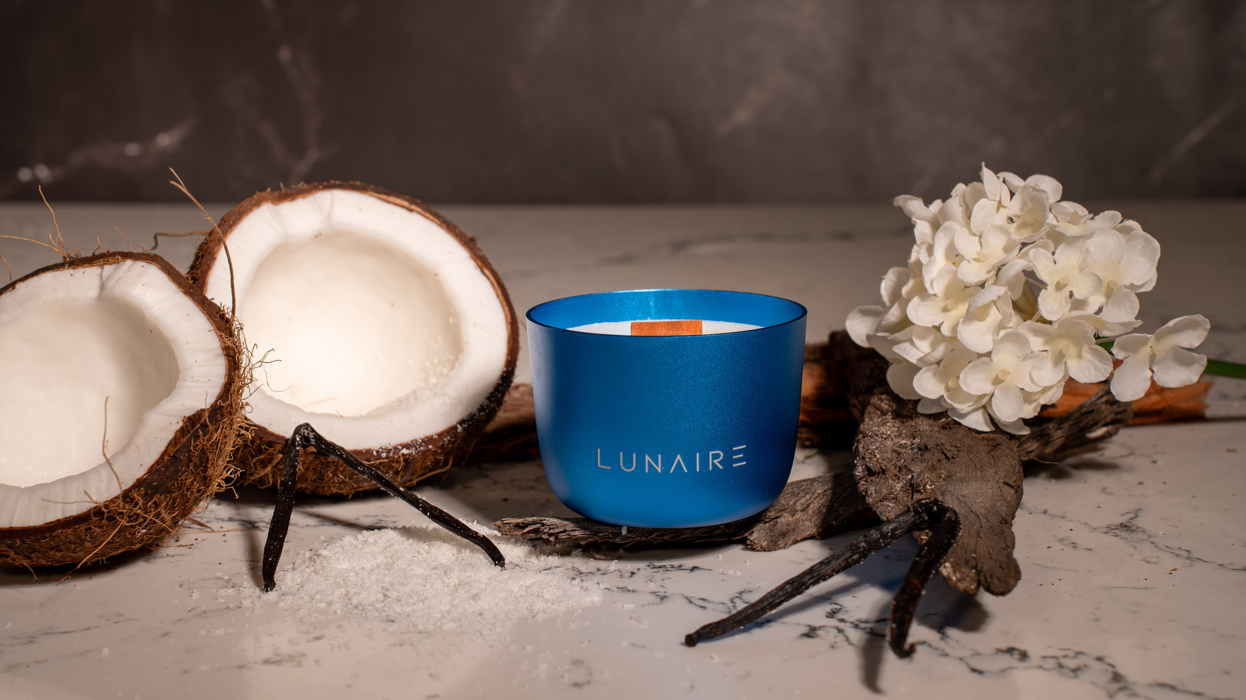 Vanilla Scented Soy Luxury Candle. Blue Refillable Candle around coconut and vanilla bean