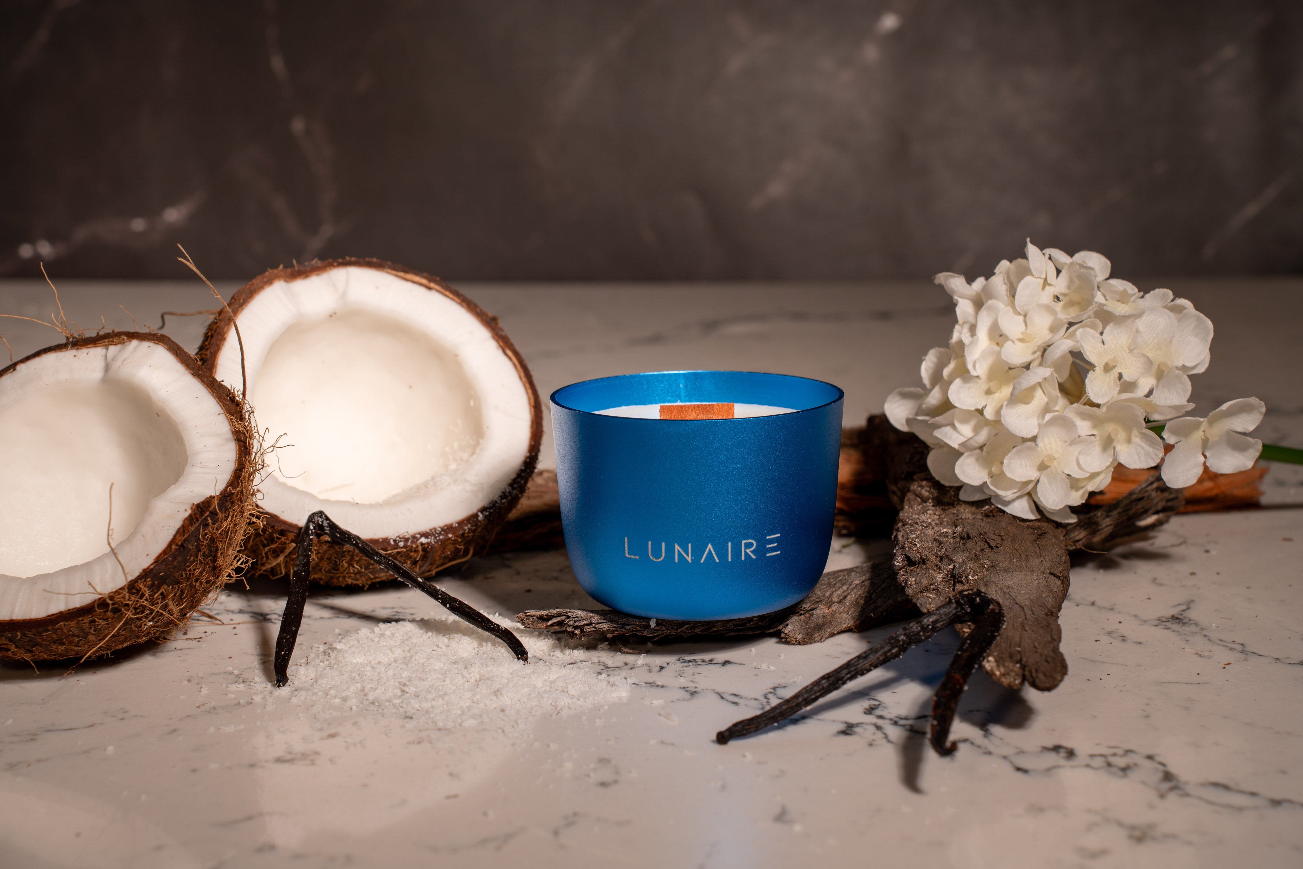 Vanilla Scented Soy Luxury Candle. Blue Refillable Candle around coconut and vanilla bean