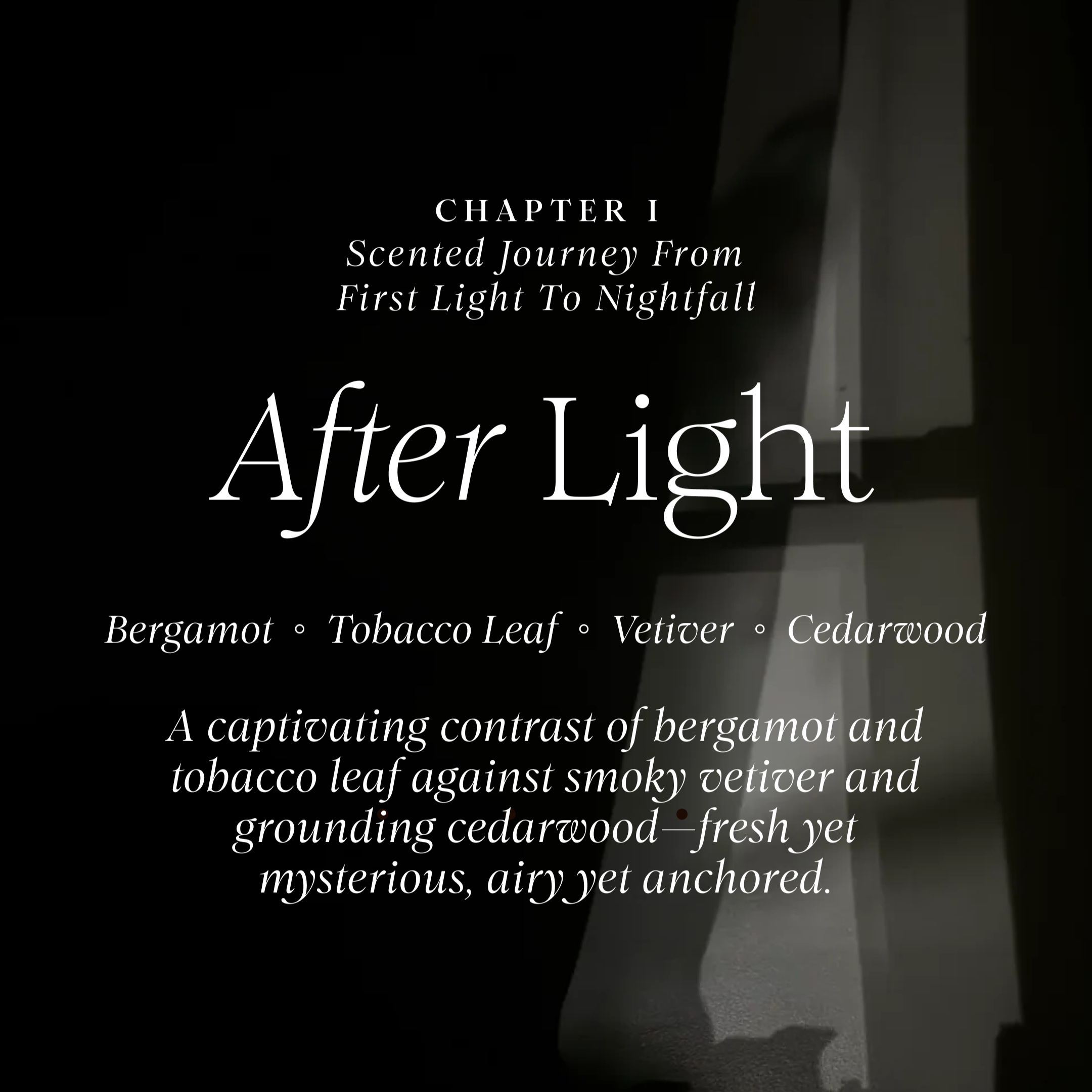 Black and white product description card for 'After Light' by Lunaire with text about scents and mood.