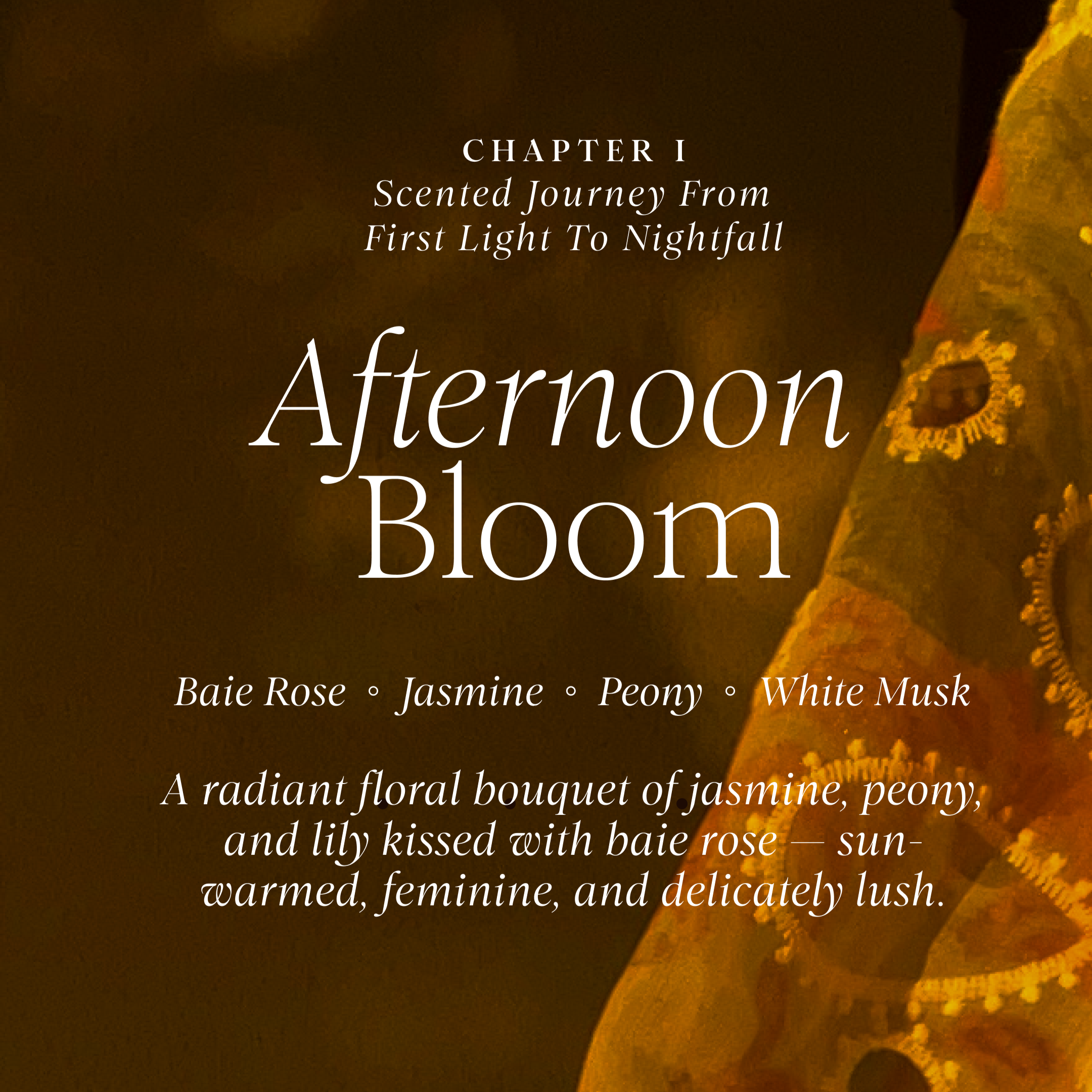 Product packaging with floral design and text about scented journey from first light to nightfall, featuring the brand Lunaire.