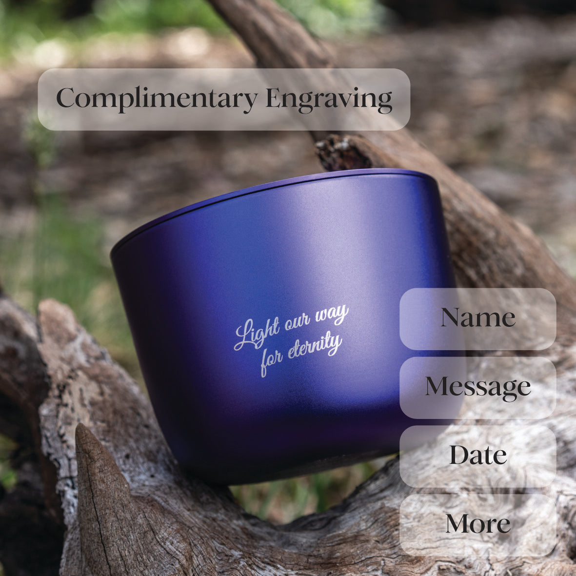 purple aluminium candle with engraved text on a natural background, featuring options for complimentary engraving.
