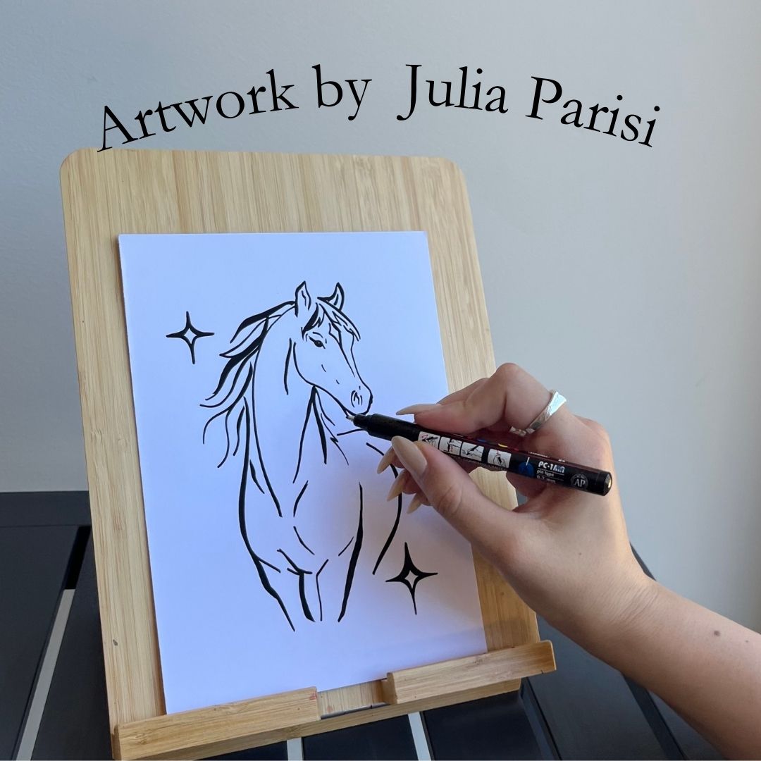 Hand drawing a horse on paper with 'Artwork by Julia Parisi' text above.
