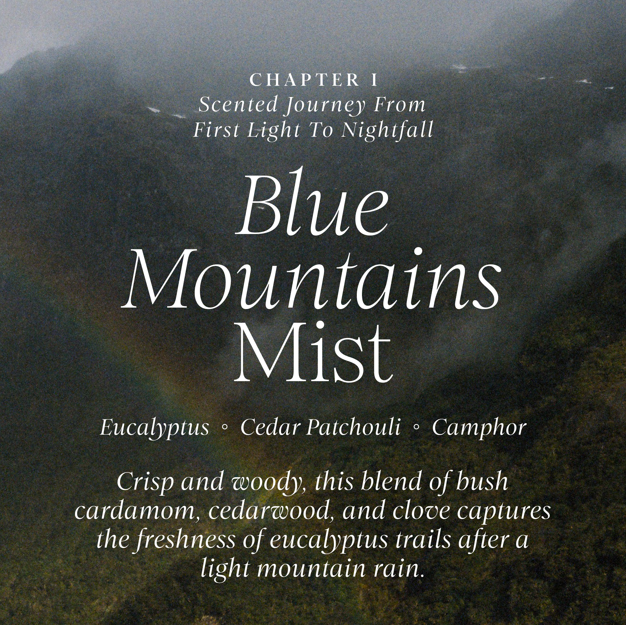 'Blue Mountains Mist' by Lunaire with mountain landscape and text.