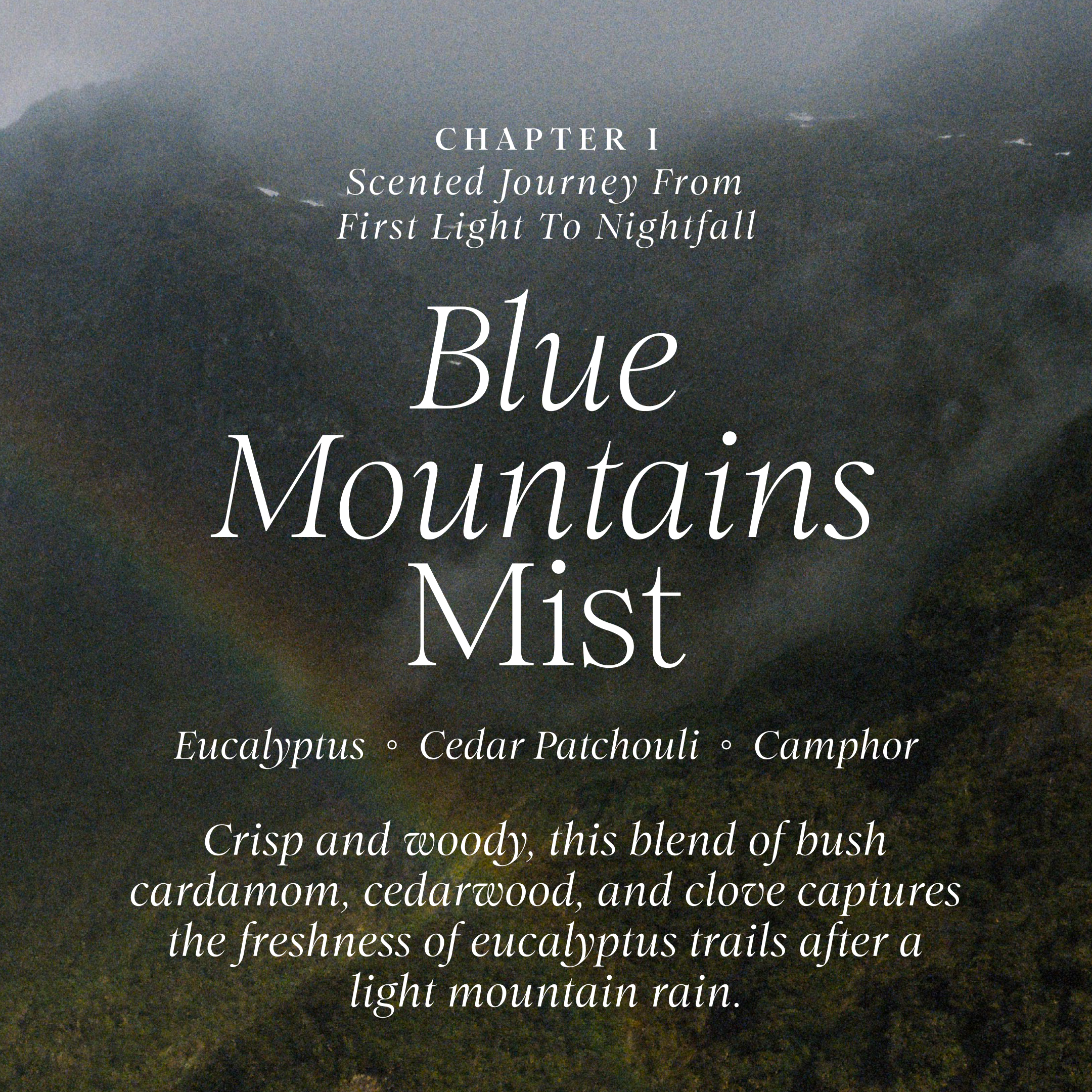 'Blue Mountains Mist' by Lunaire with mountain landscape and text.