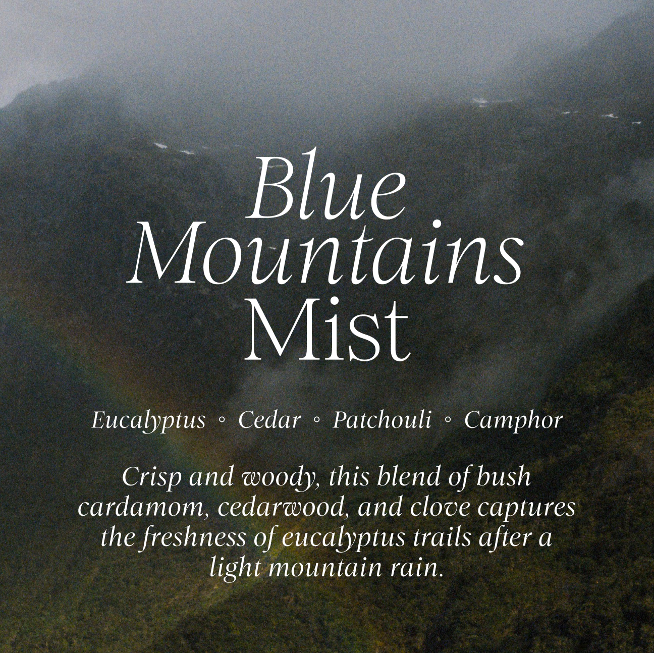 Mountain landscape with mist and text overlay about a fragrance blend by Lunaire.