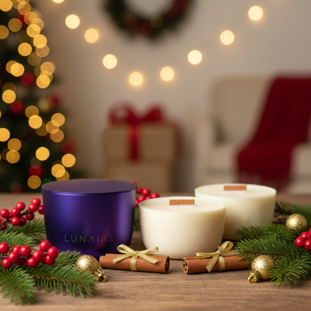 Lunaire soy vegan candle refills with wood wicks and purple aluminium candle vessel