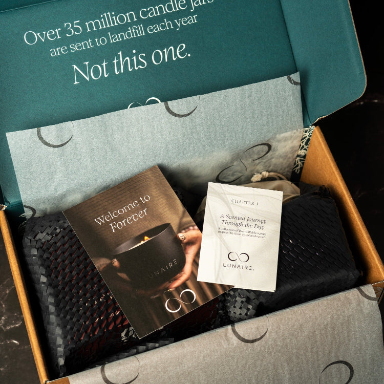 Unopened candle packaging with a card and small packet inside a box.