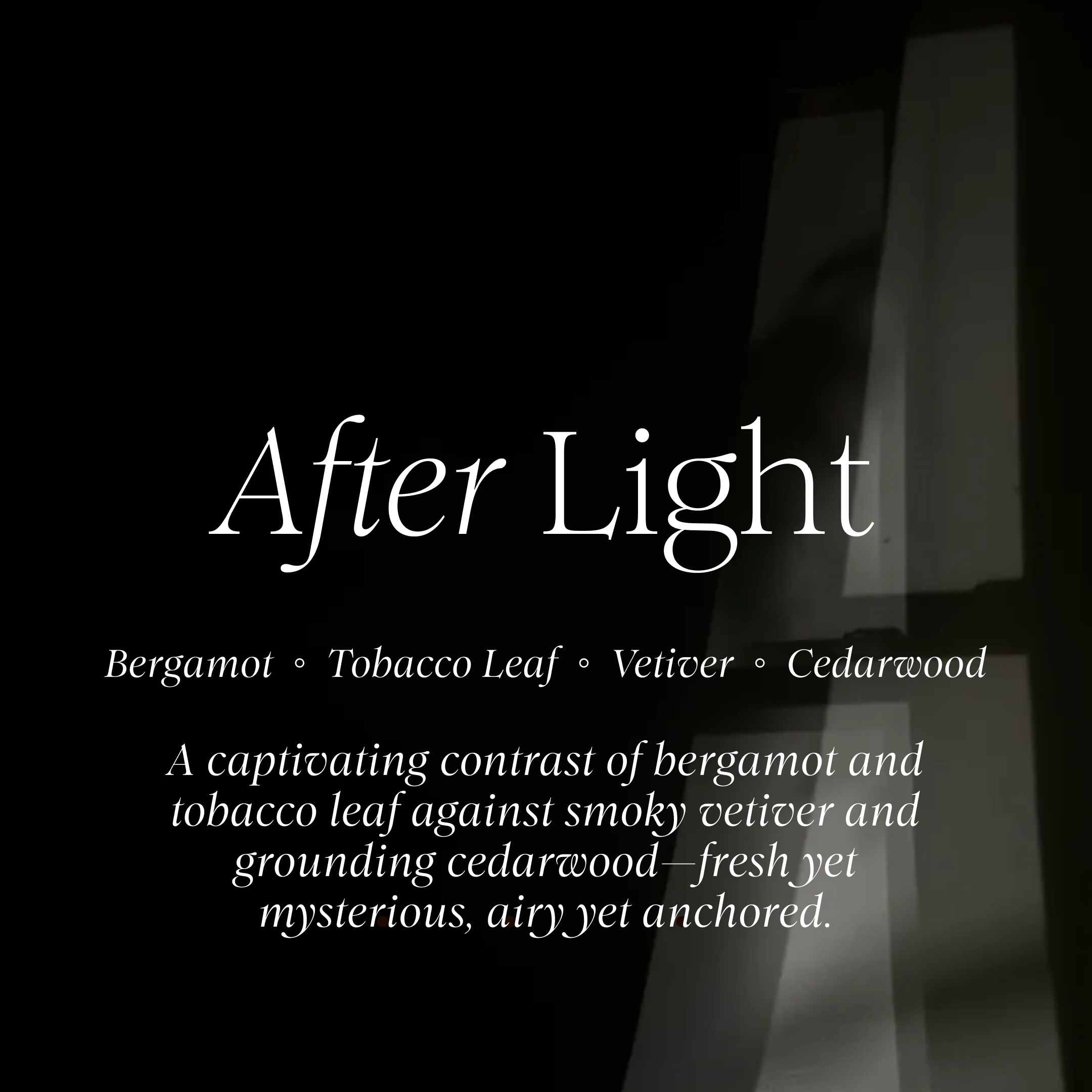 Product description for 'After Light' fragrance by Lunaire with a black and white background.
