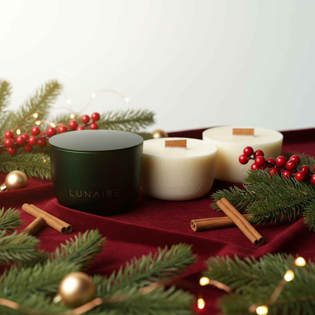 Two candle refills and forest green forever jar on a white background, featuring the brand 'LUNAIRE'.