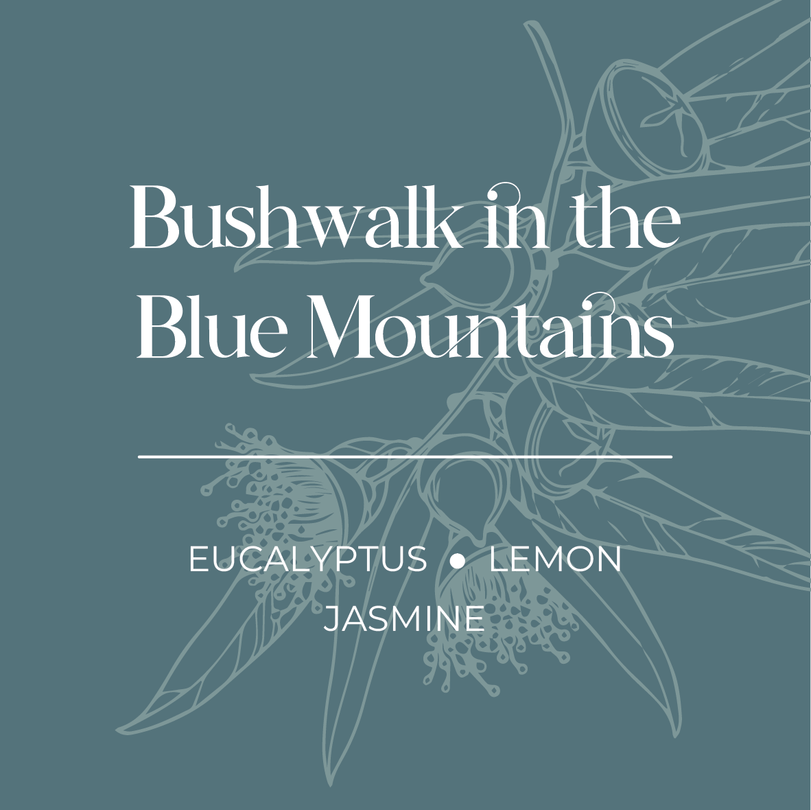 Product label with 'Bushwalk in the Blue Mountains' text and eucalyptus, lemon, and jasmine illustrations on a teal background.