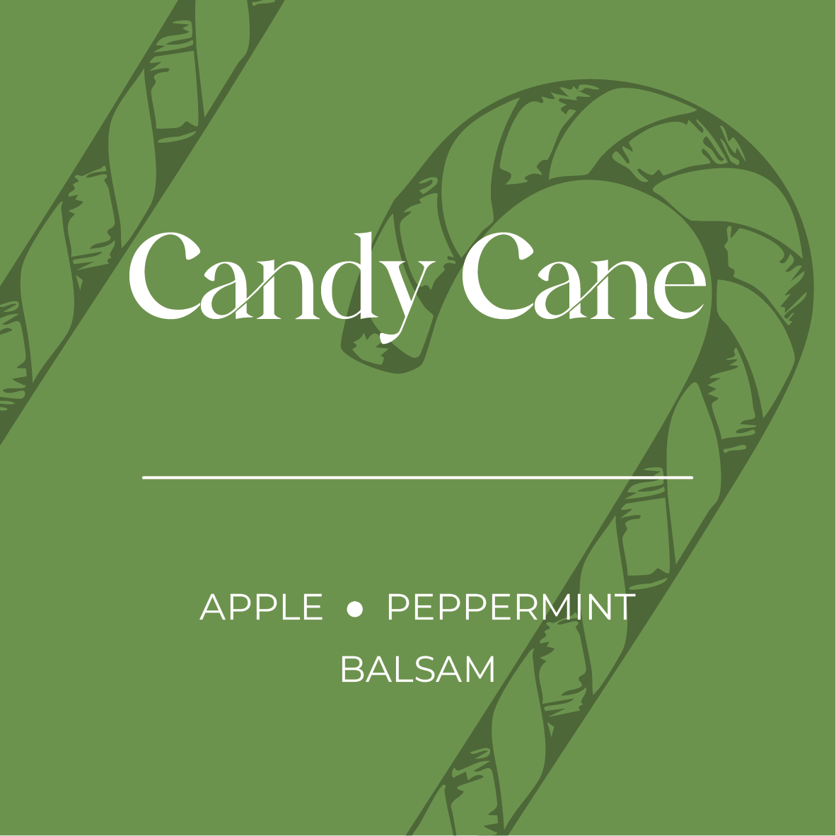 Green background with candy cane design and text 'Candy Cane' and 'Apple • Peppermint • Balsam'.