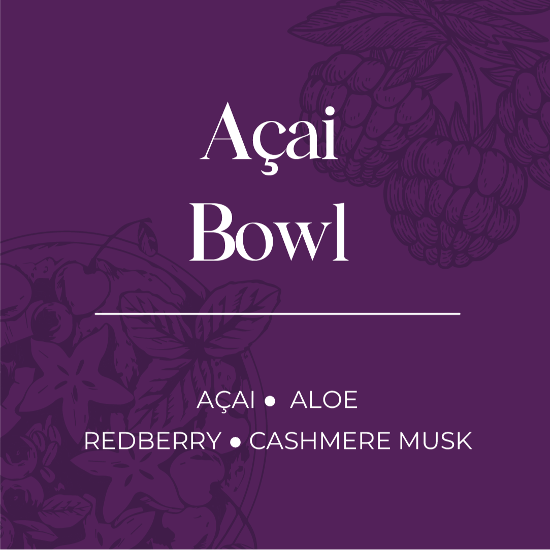 Acai bowl flavor description with acai berries on a purple background. scented soy candle refill 