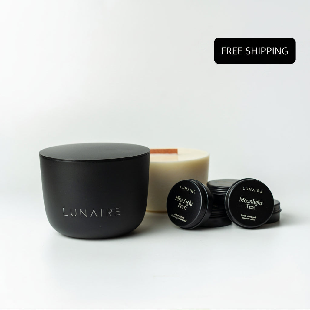 Lunaire aluminium  candles and refills on a white background. Natural Soy Wax