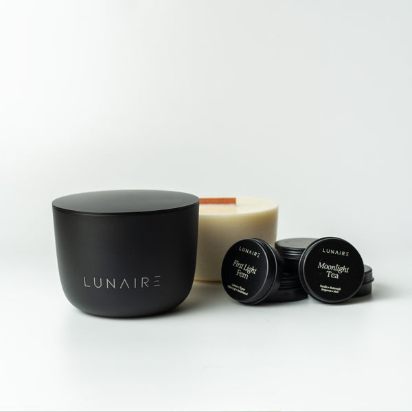 Lunaire aluminium  candles and refills on a white background. Natural Soy Wax