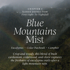  'Blue Mountains Mist' by Lunaire with mountain landscape and text.