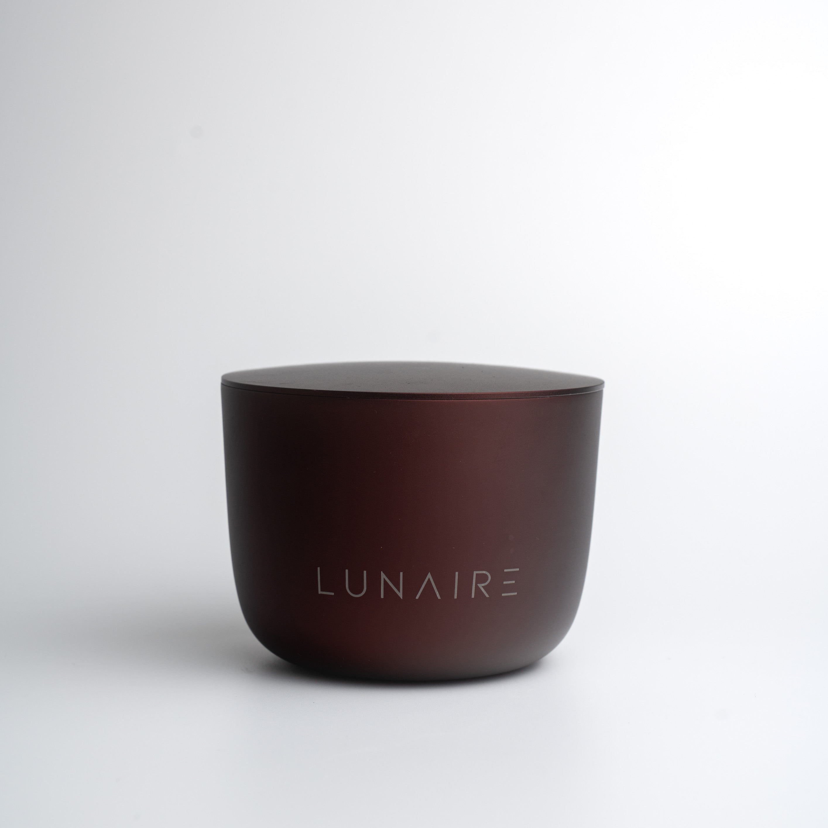 Burgundy Aluminium Candle Jar with 'LUNAIRE' branding on a white background