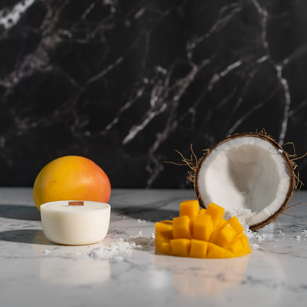  Silver Forever Jar Scented Candle and Coconut Mango Refill on a marbled floor with mango and coconuts surrounding