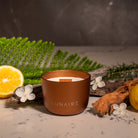 Bronze Lunaire Candle with Lemon, Rosemary, Cedarleaf, Neroli and Teak in the background