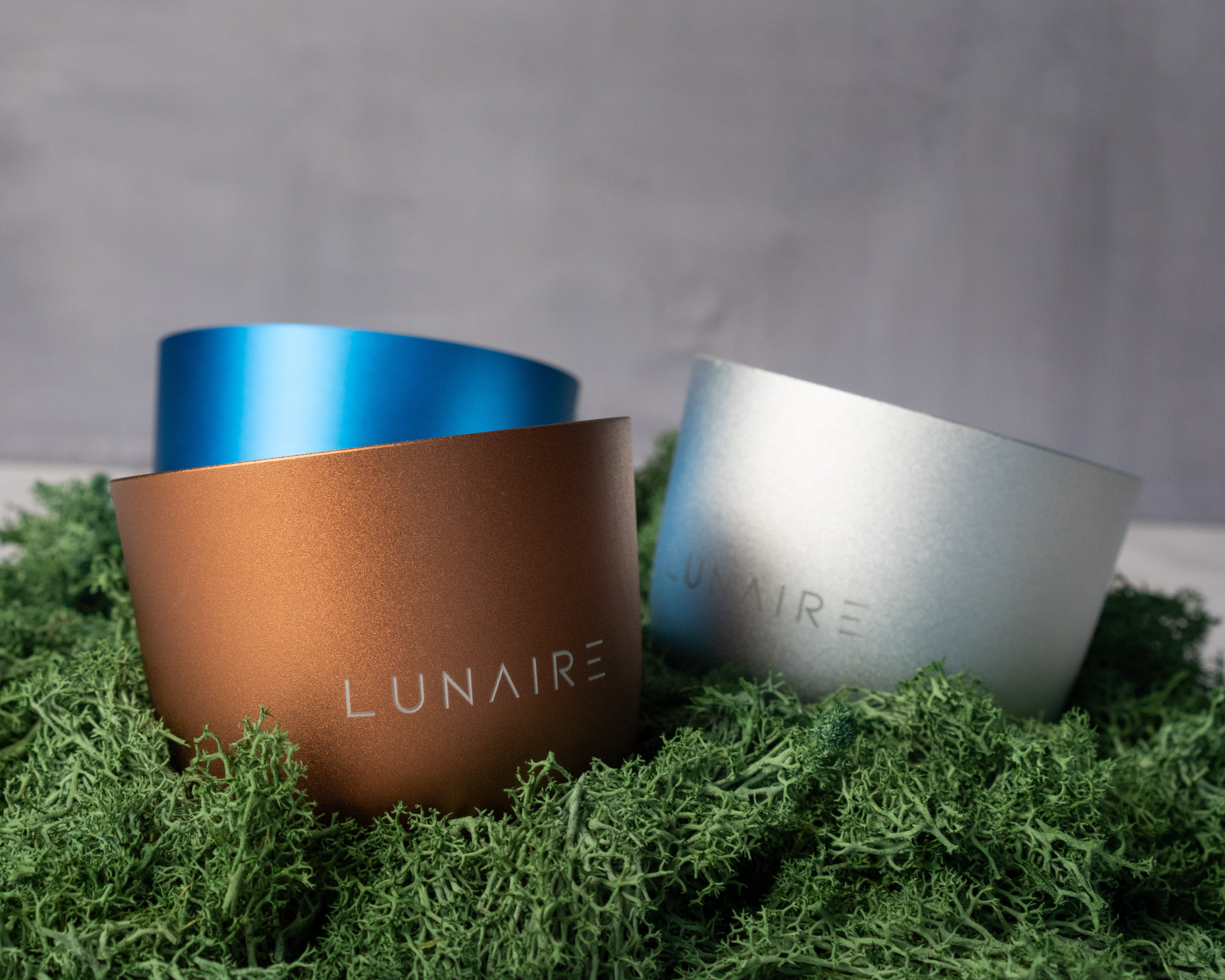 bronze, blue and silver Forever Jars in green grass 