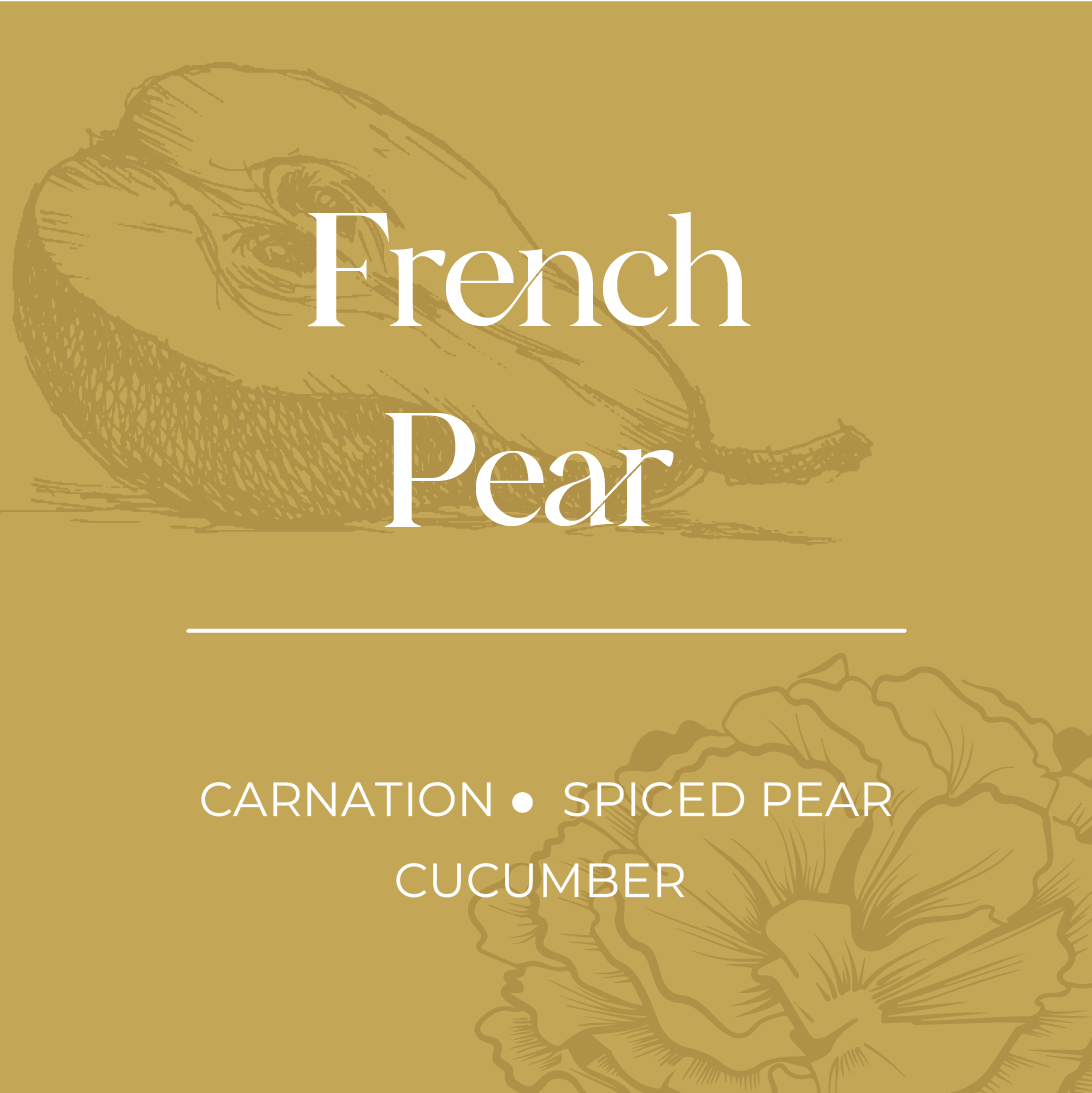 A product image featuring a sketch of a French Pear with a background that has a floral pattern. The text 'French Pear' is prominently displayed at the top.
