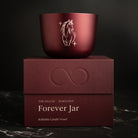 Burgundy candle jar with horse design on a matching box against a dark background