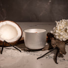 Silver Lunaire Candle with coconut, vanilla bean and white flowers in the background