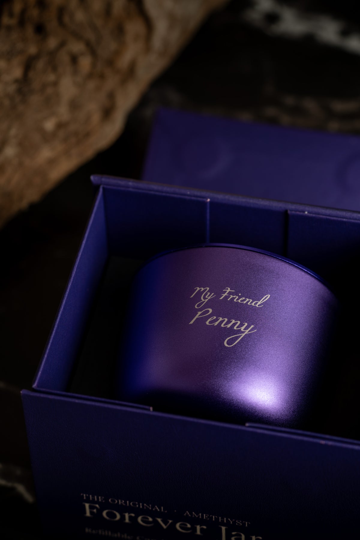 purple aluminium candle with custom engraving "my friend Penny"