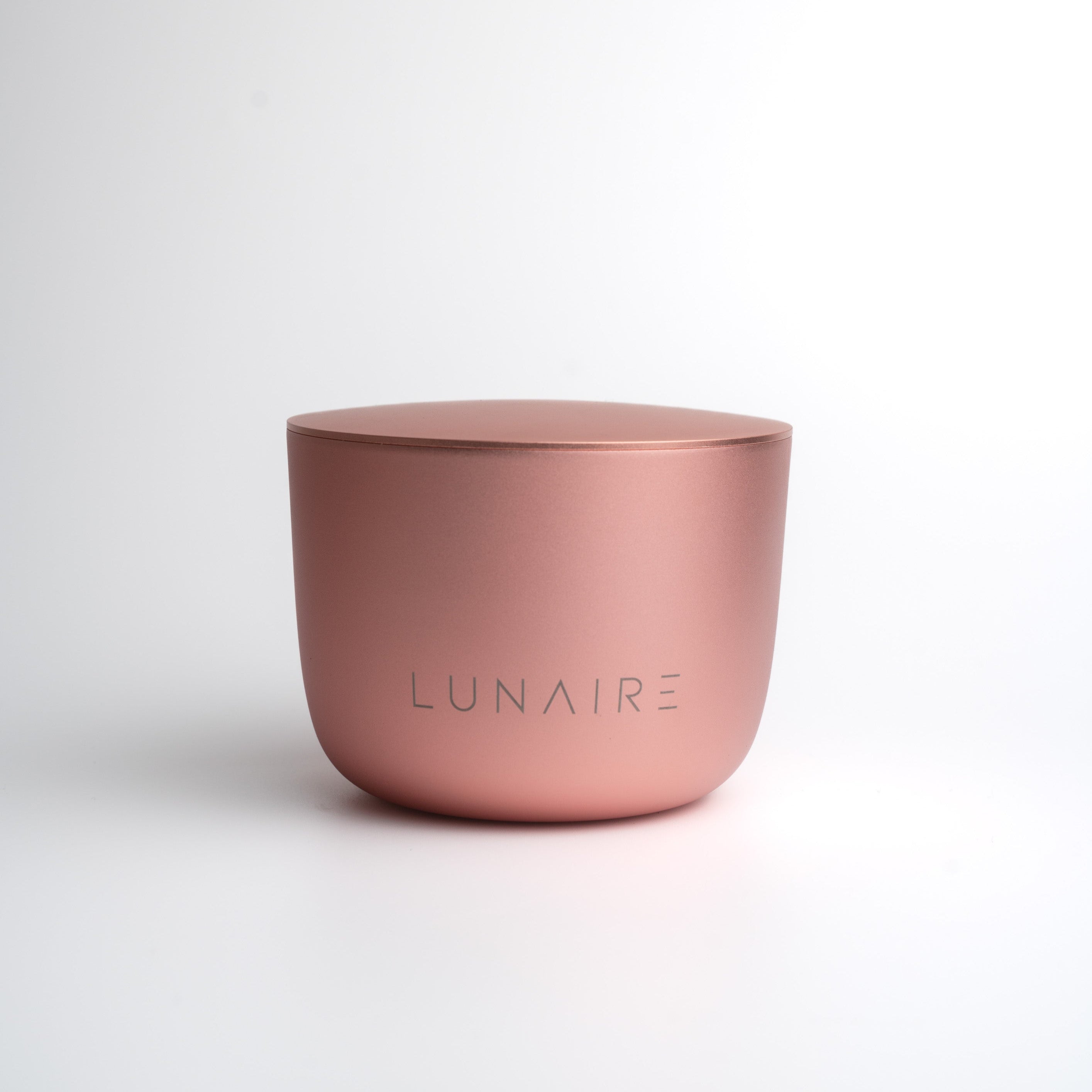 Rose Gold Aluminium Candle Jar with 'LUNAIRE' branding on a white background