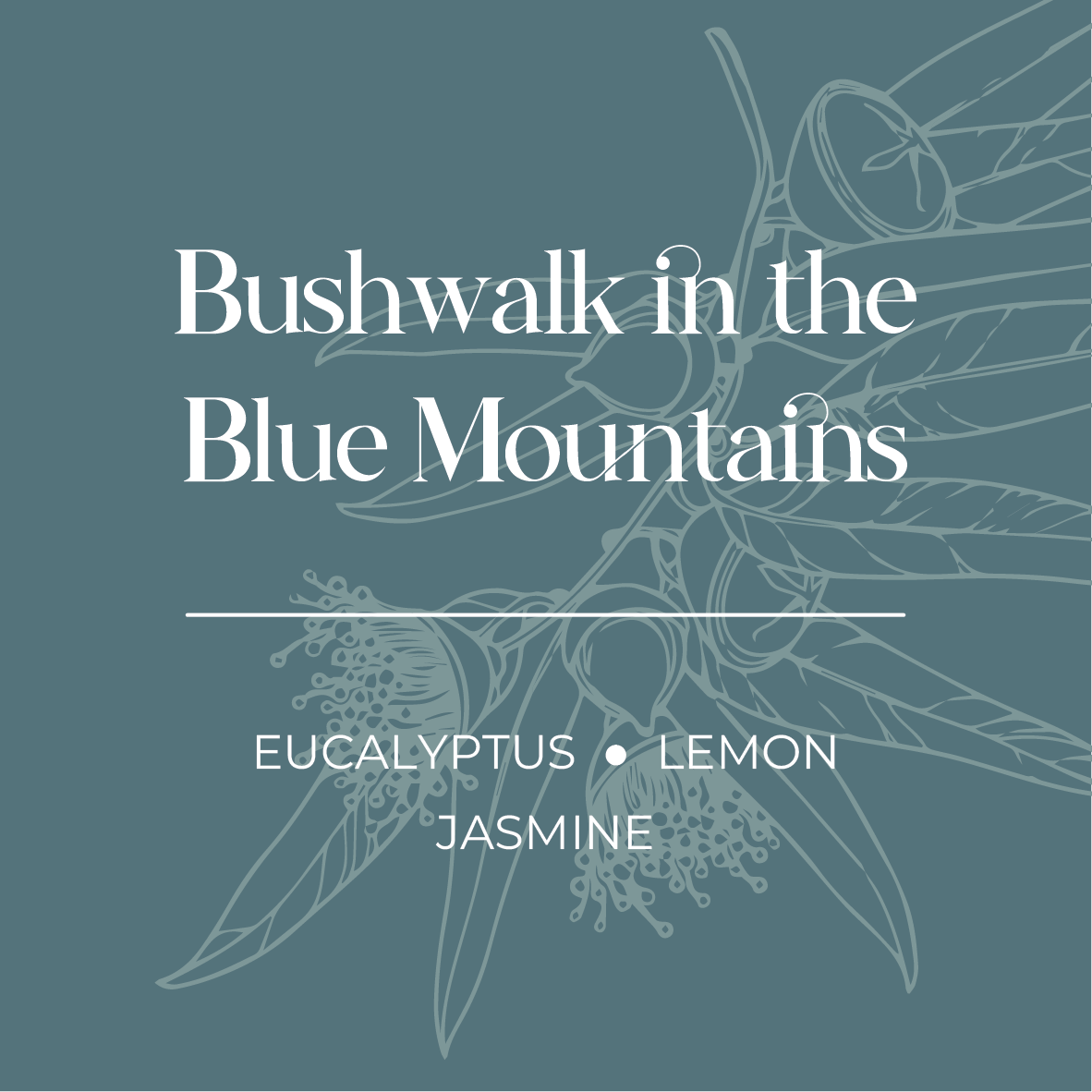 Product label with 'Bushwalk in the Blue Mountains' text and eucalyptus, lemon, and jasmine illustrations on a teal background.