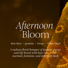 Product description for 'Afternoon Bloom' perfume by Lunaire with a dark background and floral design.