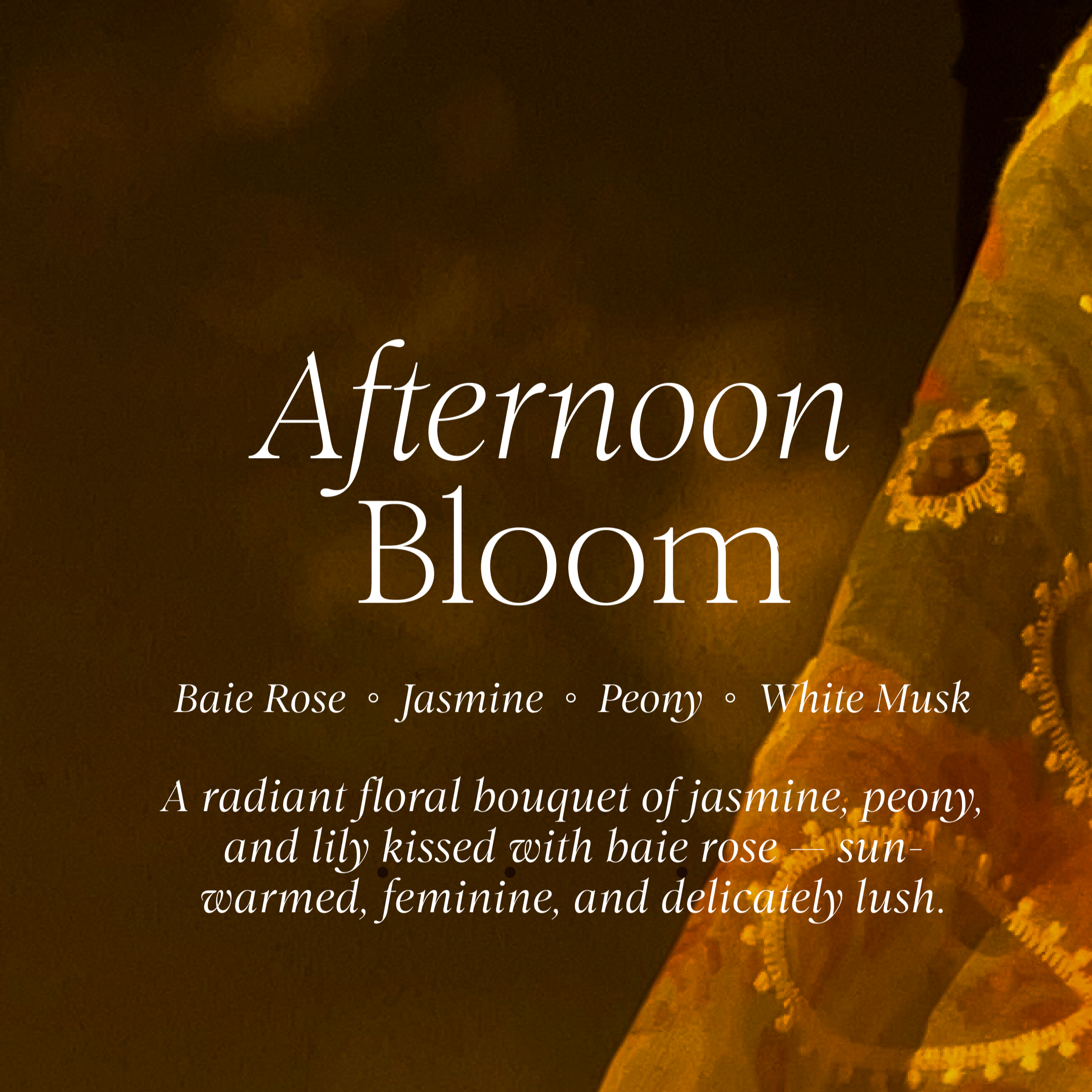 Product description for 'Afternoon Bloom' perfume by Lunaire with a dark background and floral design.