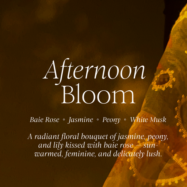 Product description for 'Afternoon Bloom' perfume by Lunaire with a dark background and floral design.