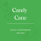 Green background with 'Candy Cane' text and leaf designs. scented soy candle refill 