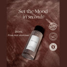 A 250mL fine mist atomiser bottle labeled 'After Light' resting on a textured brown fabric background. The image includes marketing text 'Set the Mood in seconds' and three circular badges reading 'Made in Australia', '100% Vegan', and 'Money back guarantee'